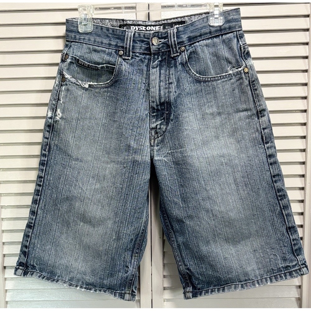 Dyse One Y2K Denim Shorts Distressed Paint Graphic Car Skate Baggy Sz30 Mid Rise